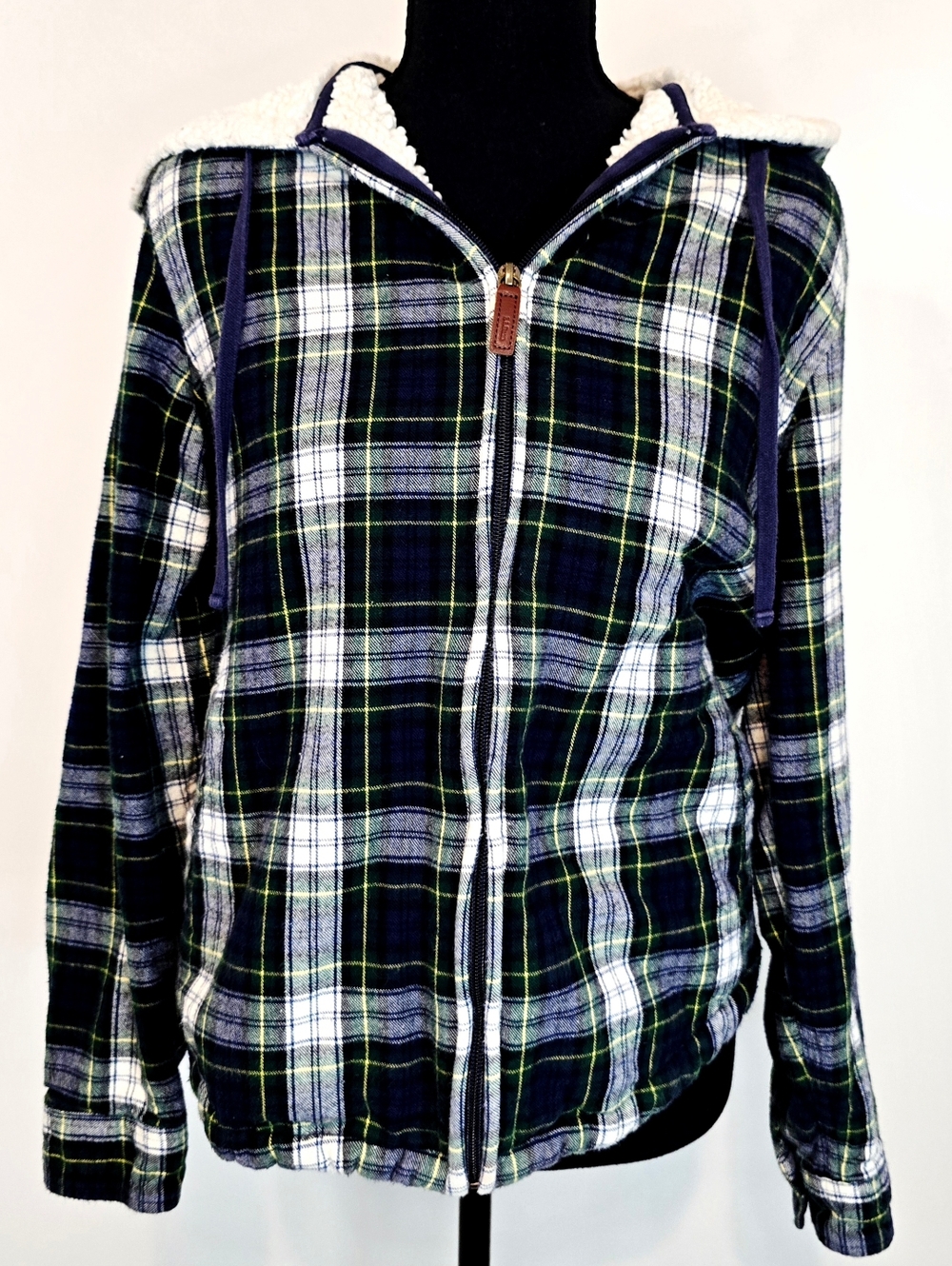 L.L. Bean Plaid Sherpa Lined Hoodie Jacket Full Zip Small Outdoor Cozy Hiking
